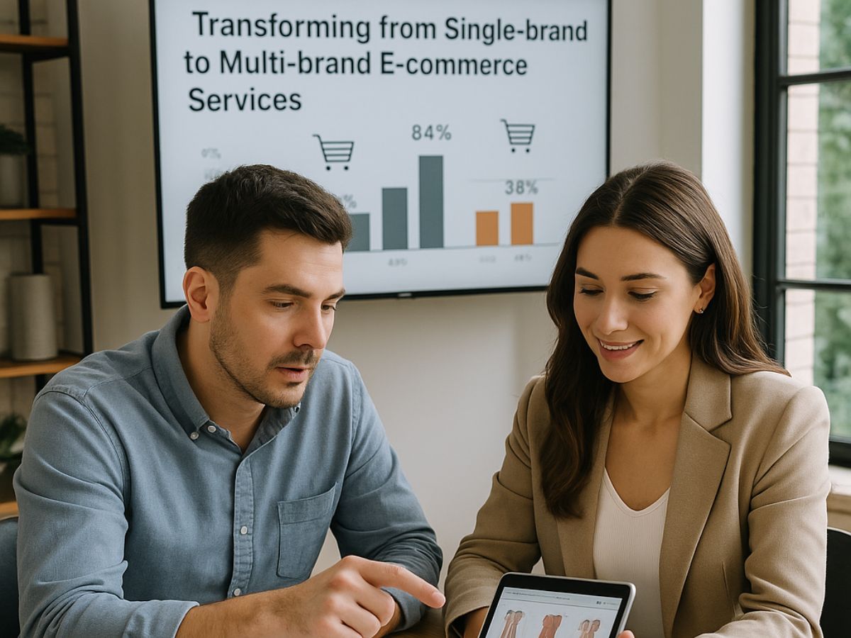Business professionals discussing strategies for multi-brand expansion using E-commerce website development services in Kerala on a tablet and presentation screen
