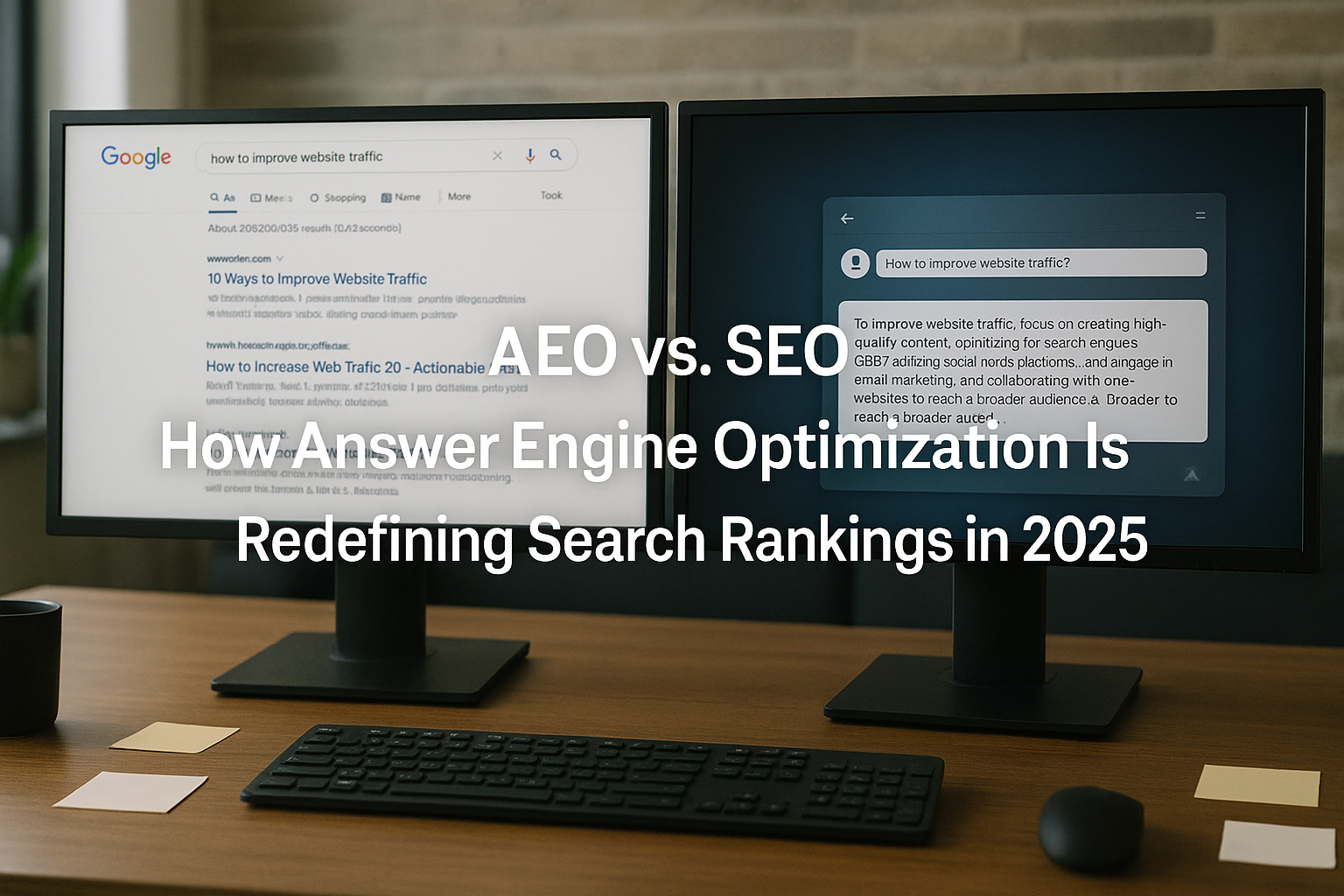 Modern workspace with dual screens showing SEO result and AI answers, small centered title, no humans, clean look, seo agency