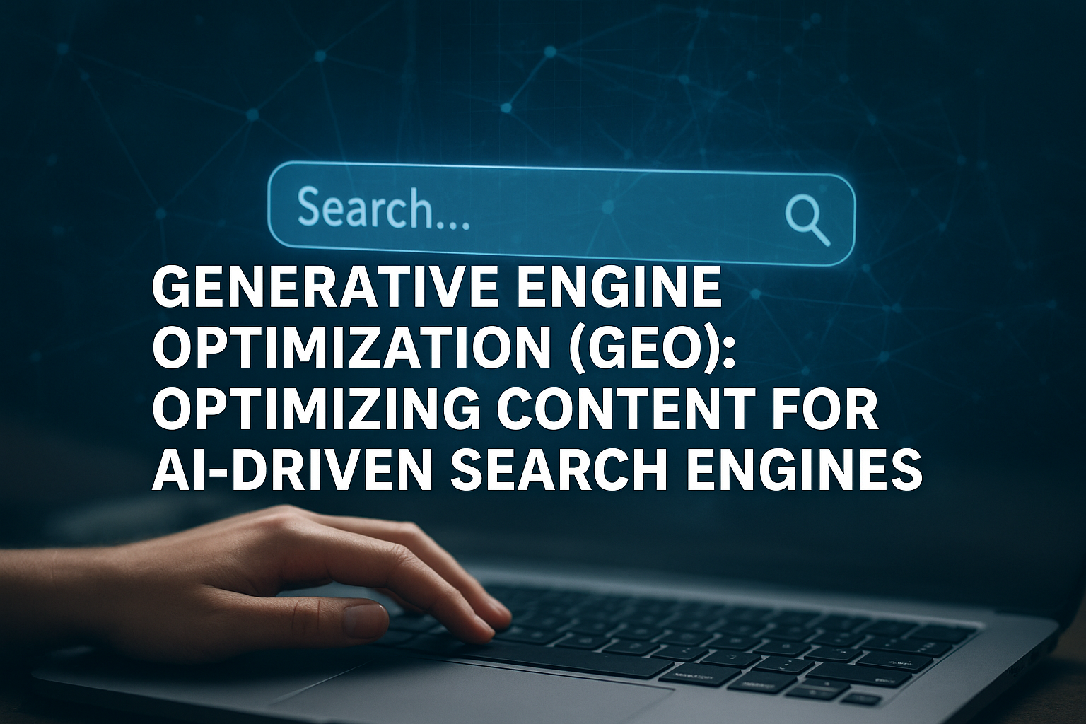 A hand typing on a laptop with a glowing search bar and the title 'Generative Engine Optimization (GEO)' on the screen, representing SEO services in Kochi.