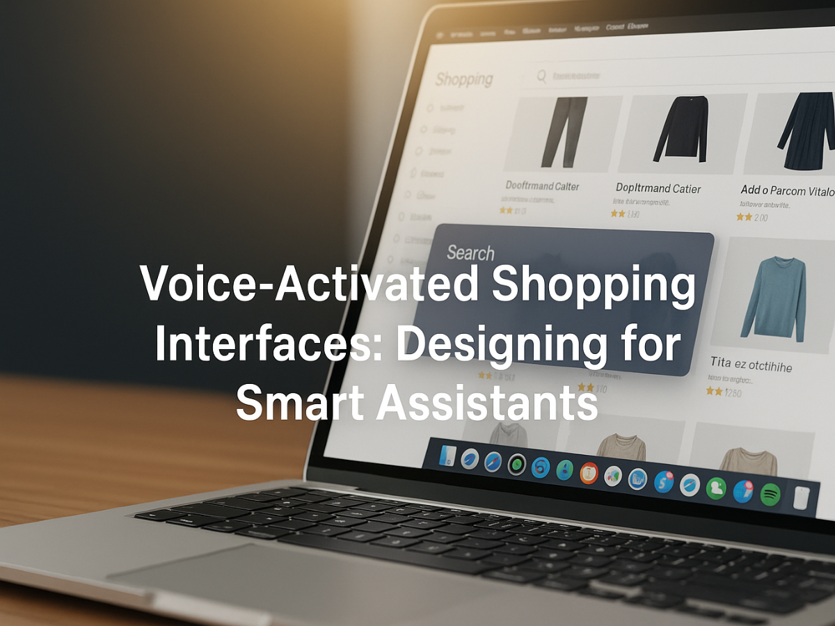 A close-up of a laptop screen showing an e-commerce website with "Voice-Activated Shopping Interfaces" as the title.