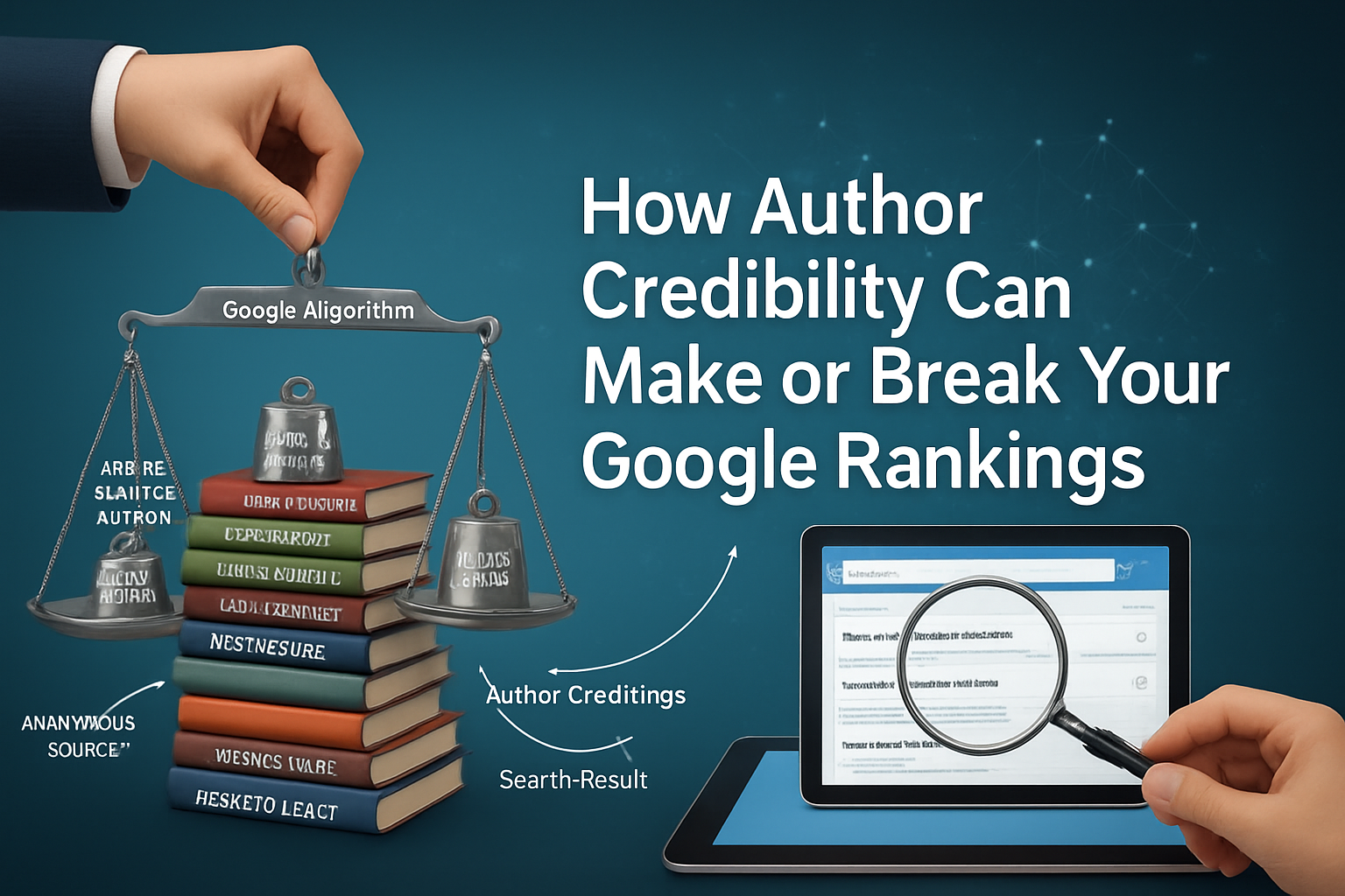 Scales showing author credibility impacting Google rankings. Best SEO company in Kochi.