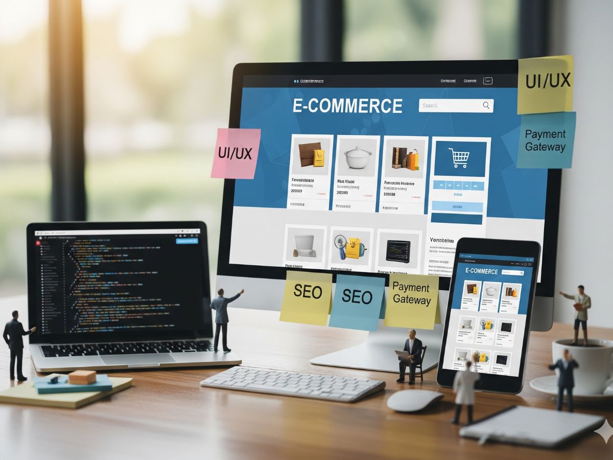 E-commerce website development services in Kochi are essential for businesses. This image shows a desktop, laptop, and phone with e-commerce sites