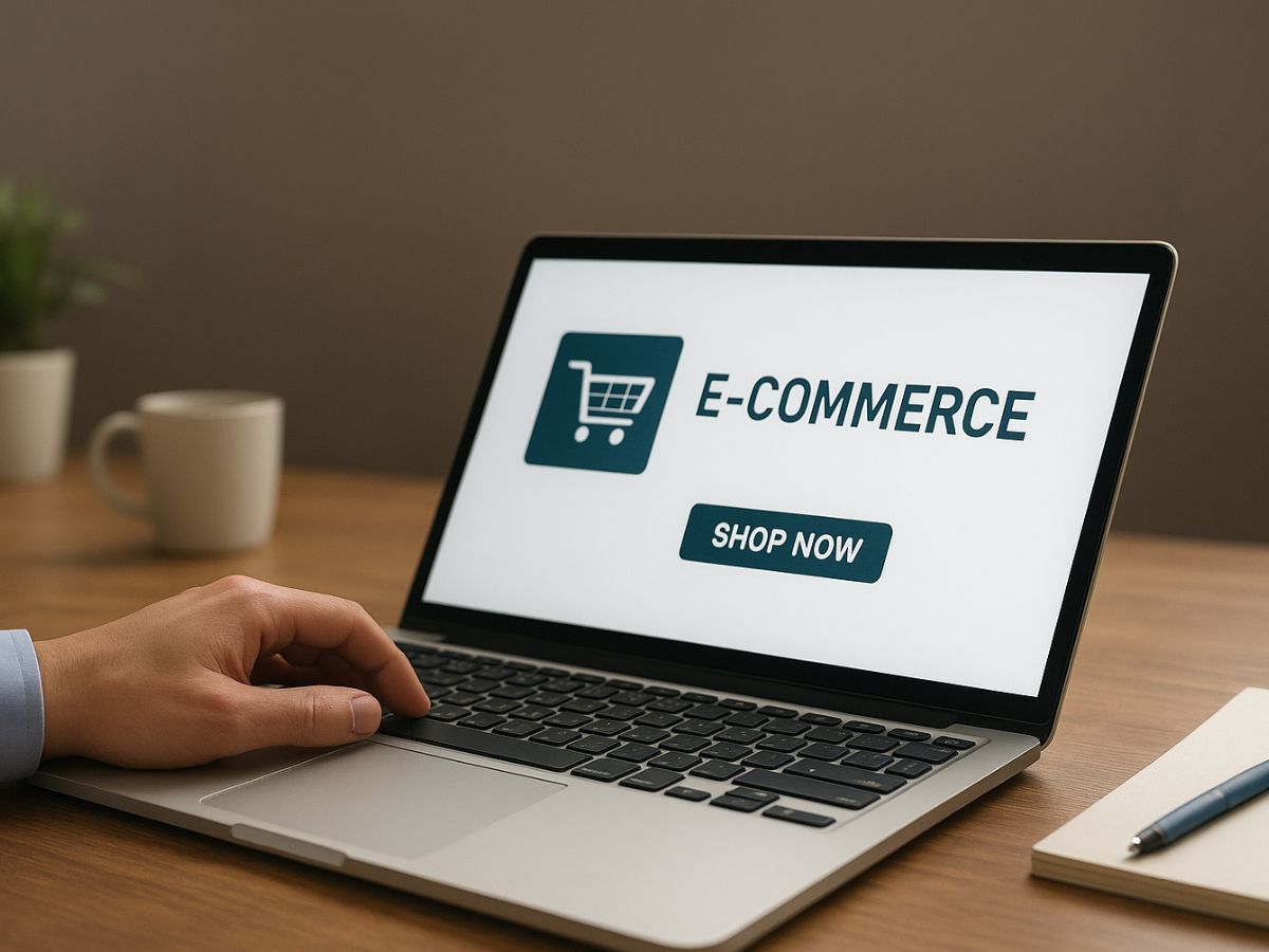 E-commerce website development in Kochi shown with a laptop displaying an online shopping page for modern digital retail
