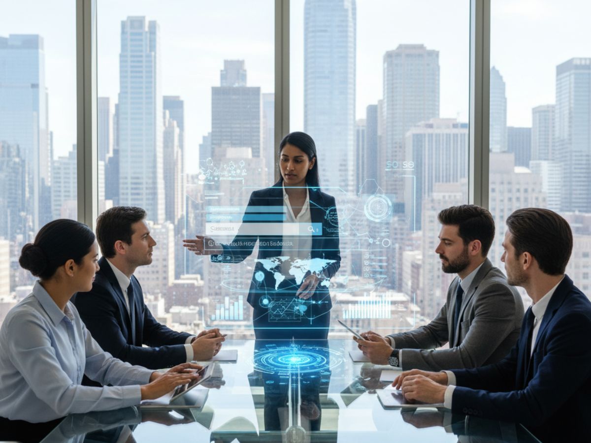 A diverse team of SEO experts in Kerala meets in a modern office with city views, analyzing digital projections and data visualizations.