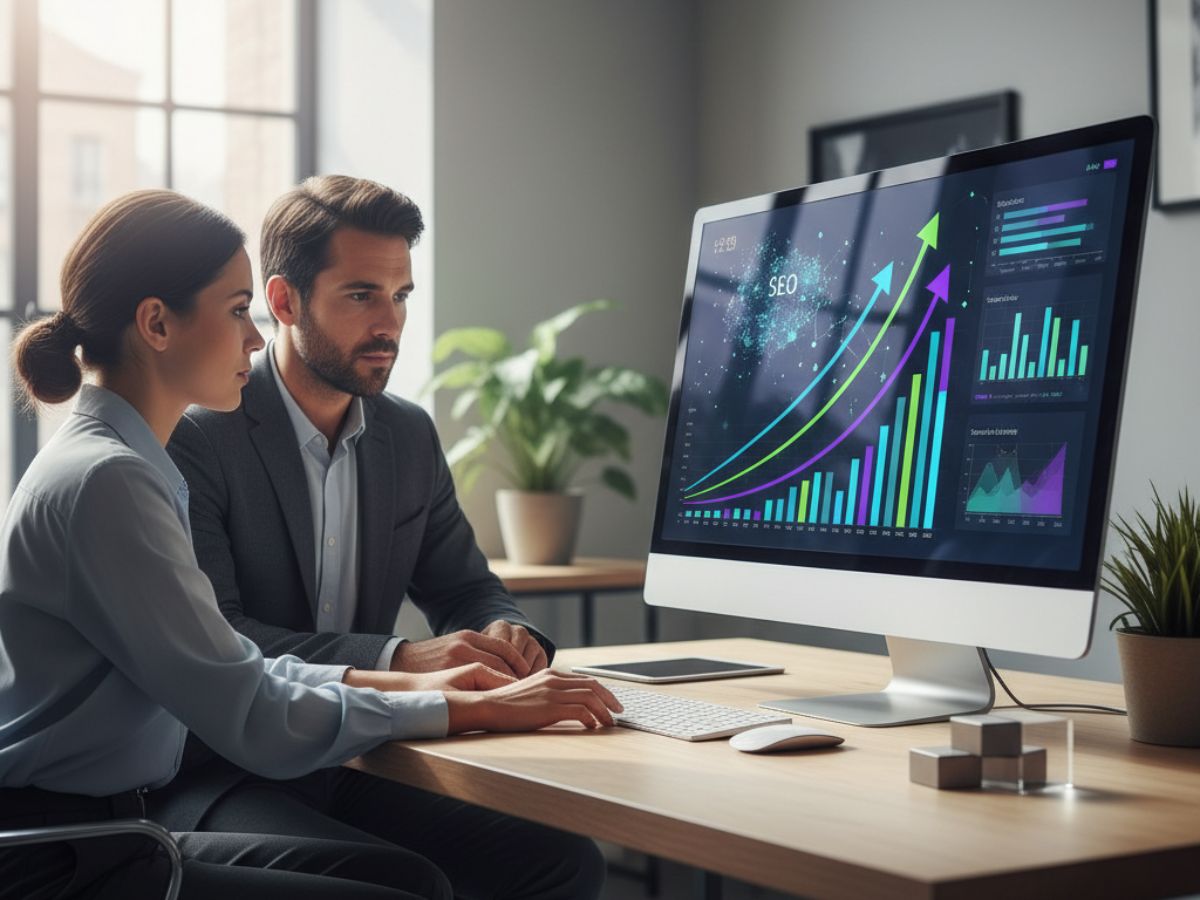 Two professionals at a desk SEO agency in Indian, analyzing growth charts and keyword data on a large monitor.
