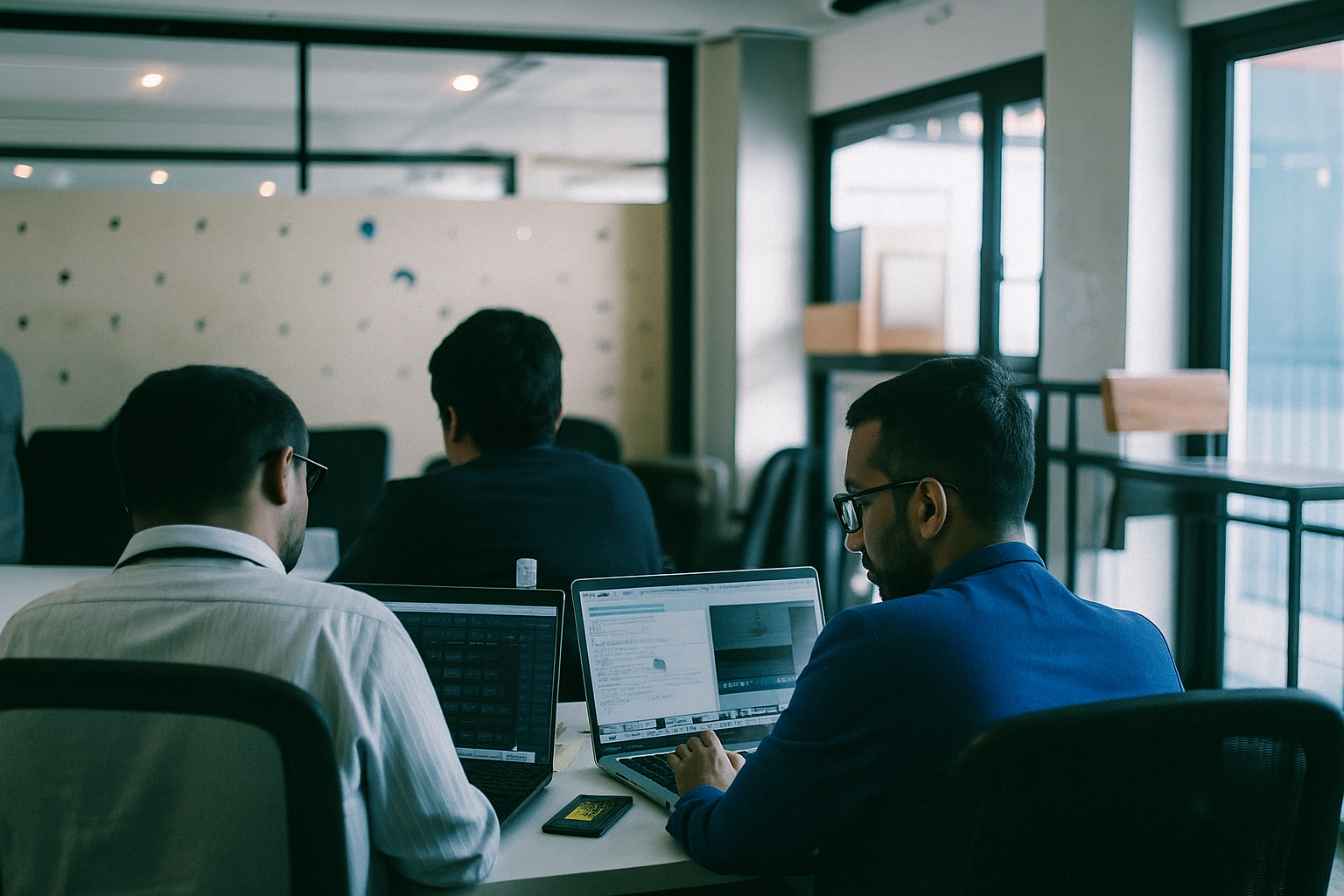 Three men, including a potential Spotify expert in India, are working intensely on their laptops at an office desk.