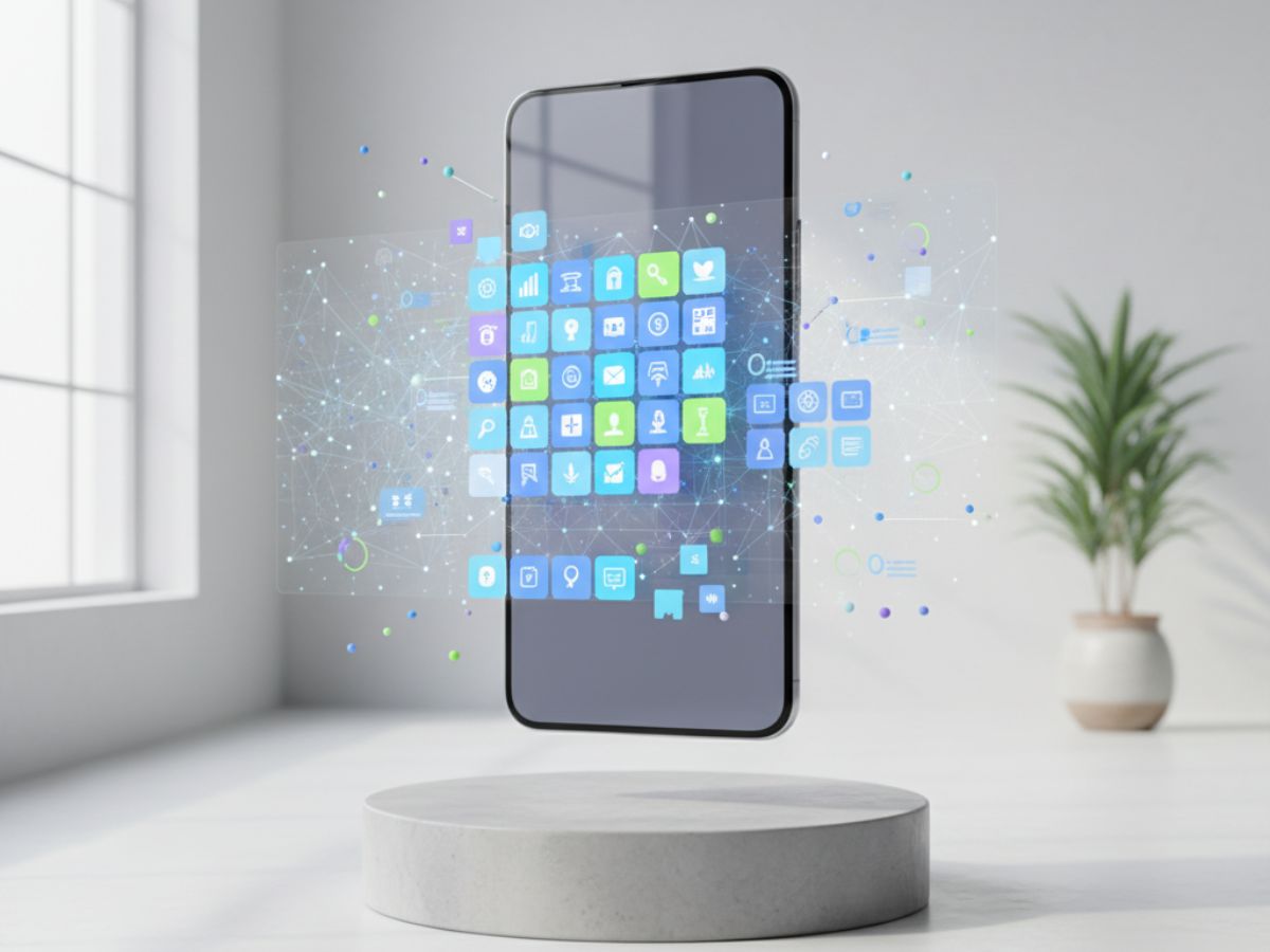 Floating smartphone displaying a holographic grid of app icons. Minimalist background. Hire Mobile App Developers in India.