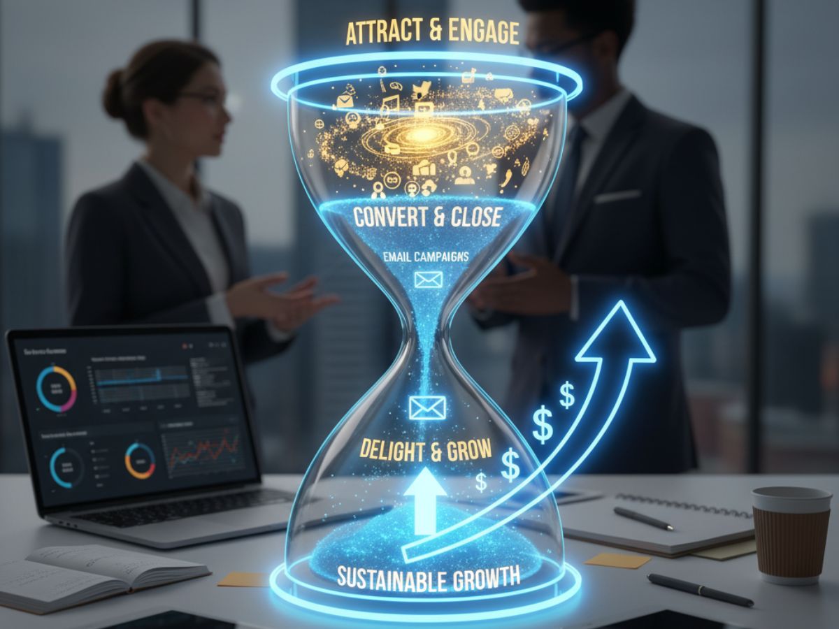 Digital marketing agency Kochi Visualizing a winning funnel for sustainable growth with attraction, conversion, and delight stages.