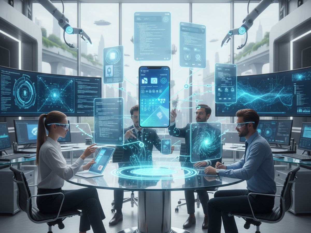 A futuristic mobile app development company in Kochi in 2025, showing developers interacting with holographic interfaces and AI-assisted coding tools in a high-tech office environment