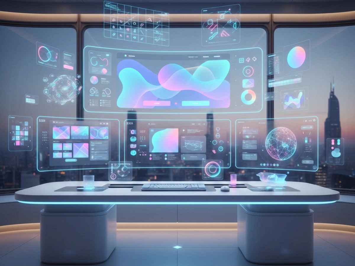 A sleek, modern digital workspace for a web design company in Kerala, featuring  UI screens and advanced design tools.