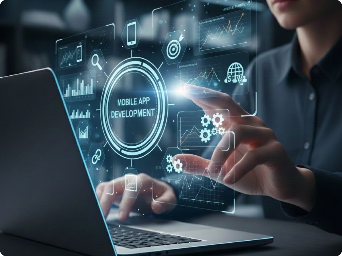 A professional interface showcasing a mobile app development company in Kochi with futuristic digital icons and holographic UI elements on a high-tech laptop screen.