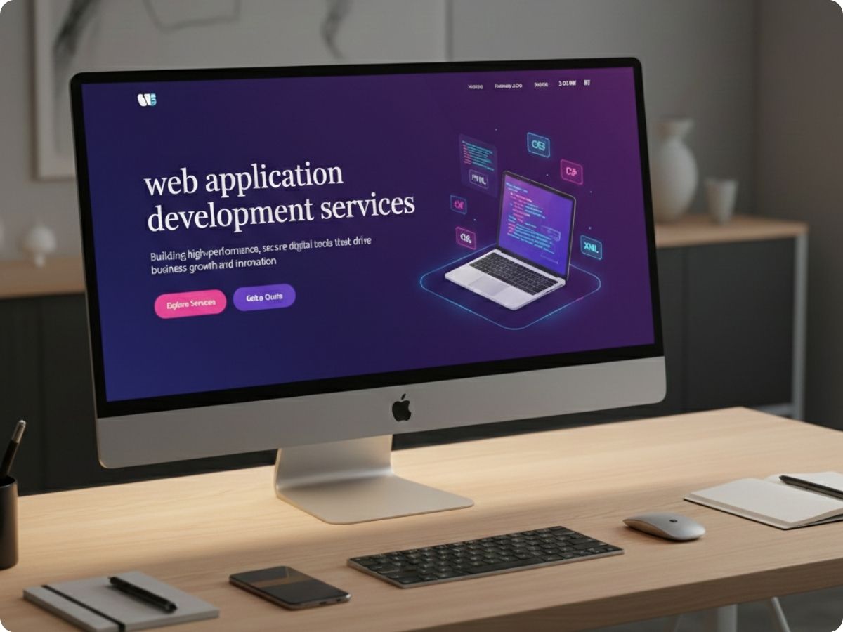 Modern workspace with a monitor displaying web application development services in India, featuring a sleek keyboard and smartphone on a wooden desk.
