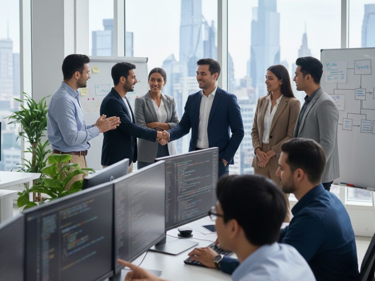 IT staff augmentation company team collaborating with in-house developers on a software project in a modern office