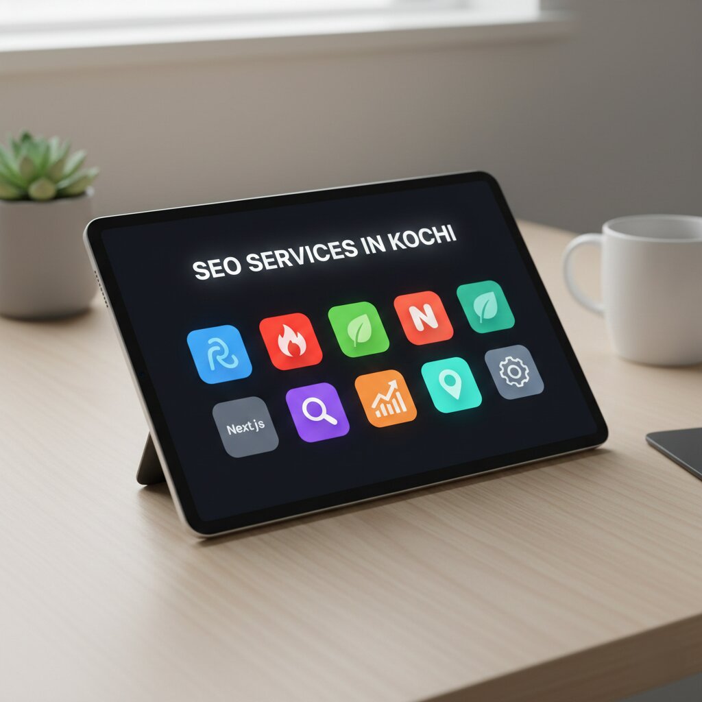 Tablet displaying SEO services in Kochi with digital marketing and analytics icons on a modern workspace desk