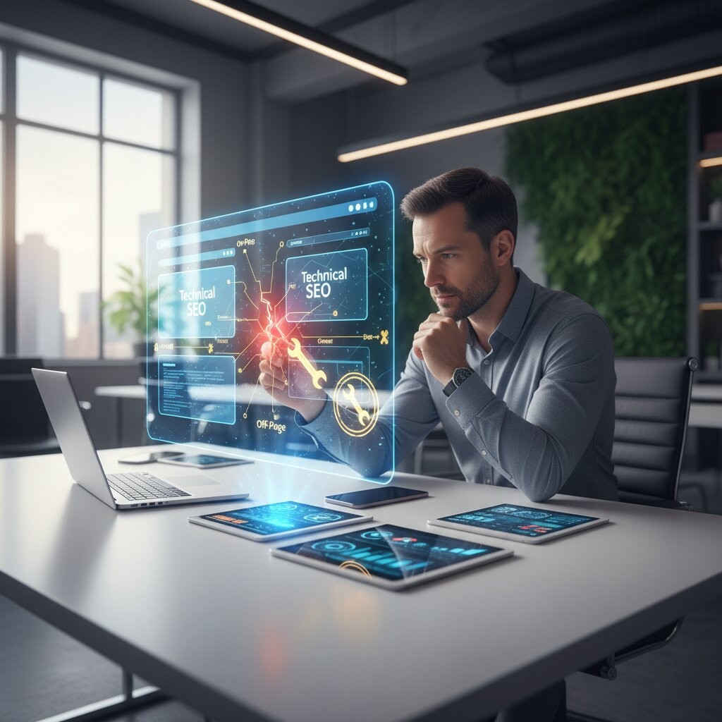 A digital marketing professional analyzing technical SEO issues using advanced analytics dashboards, highlighting website performance, SEO audit insights, and ranking improvements for better Google visibility.