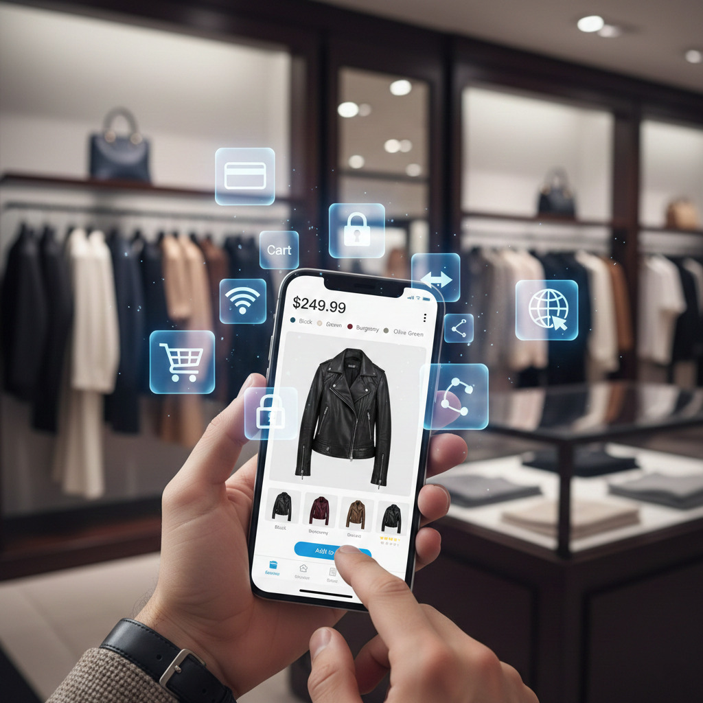 A person holding a smartphone in a modern clothing store, displaying a black leather jacket product page with blue holographic icons and blurred clothing racks in the background.