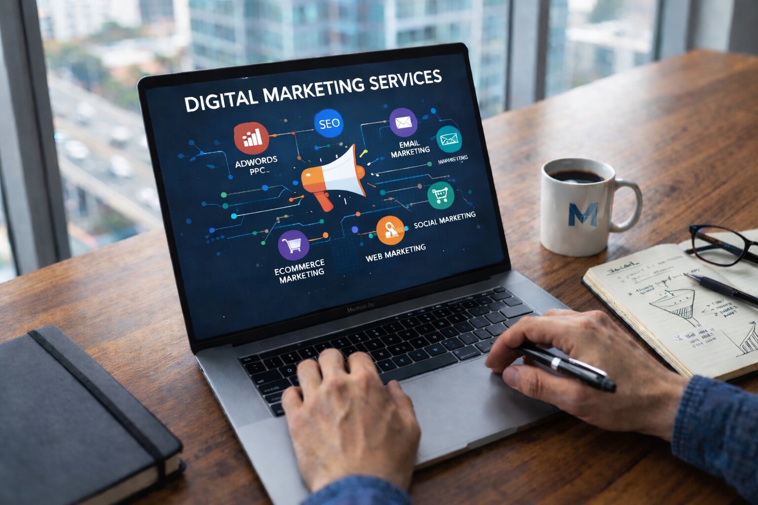 Person working on a laptop displaying digital marketing services including SEO, PPC, email marketing, social media marketing, and ecommerce marketing, with a notebook and coffee cup on a wooden desk near a window.
