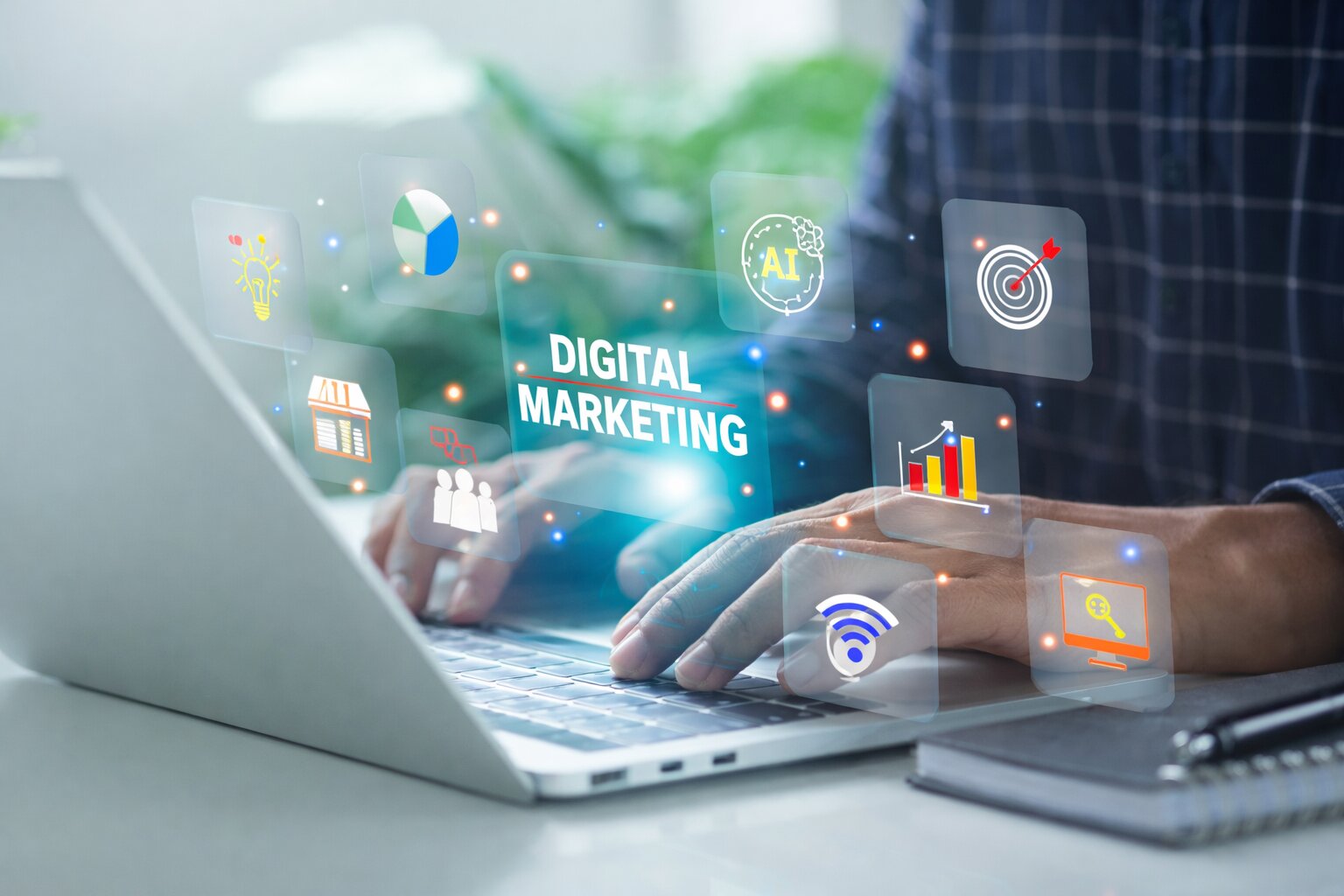 Digital marketing professional working on laptop with SEO, analytics and strategy icons for a digital marketing company in Kerala