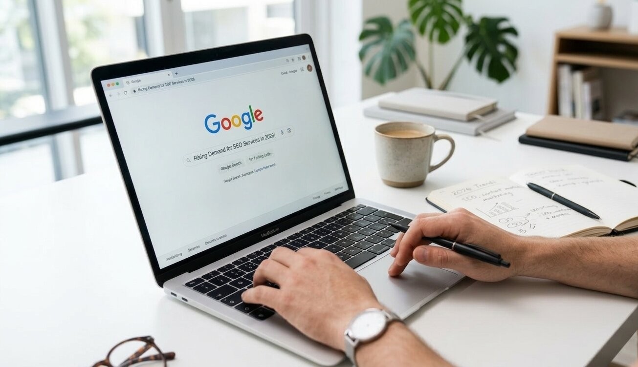 Person searching about rising demand for SEO services on Google using a laptop, representing digital marketing research and online business growth.