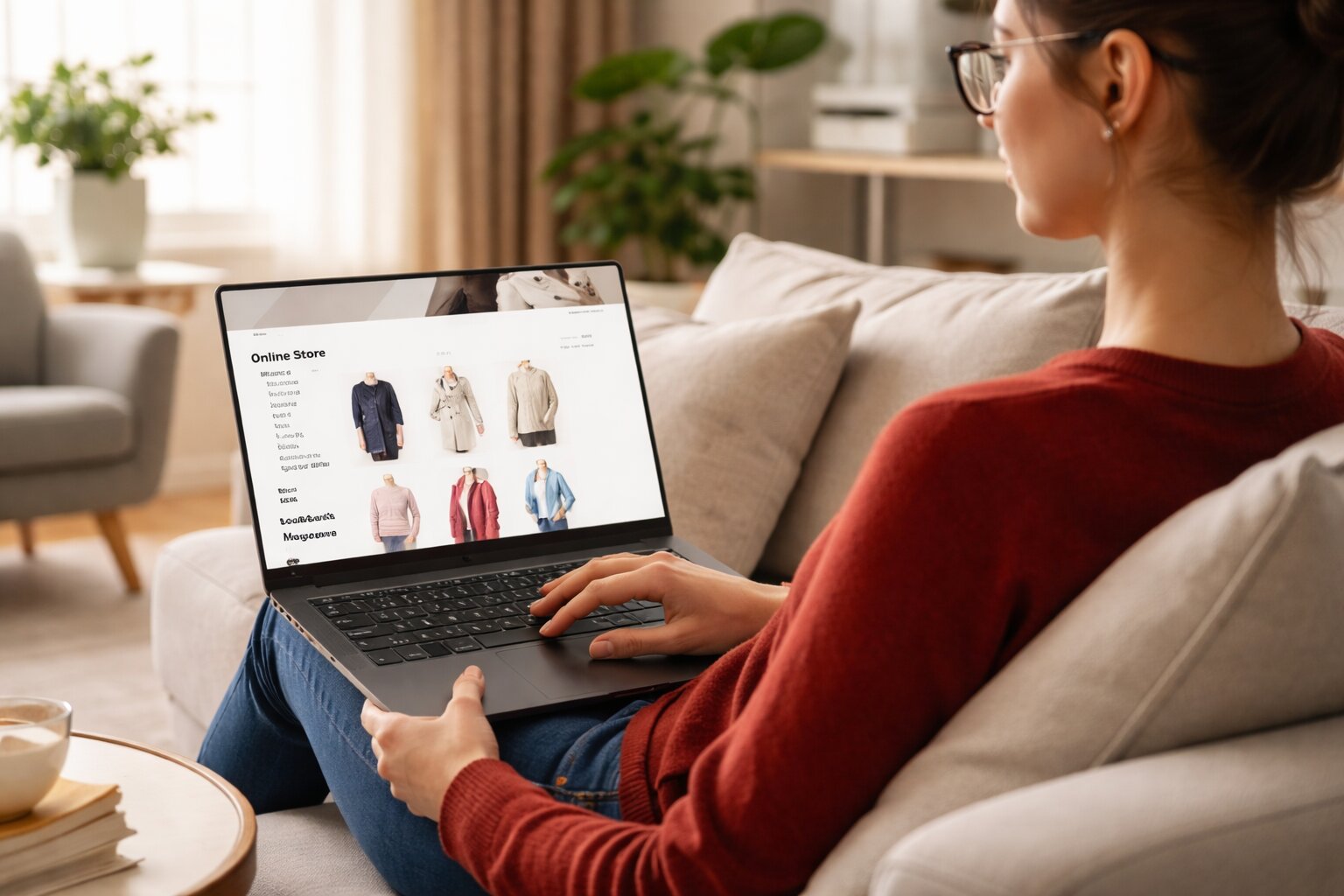 Woman browsing an online fashion store on laptop, representing e-commerce website development services in India