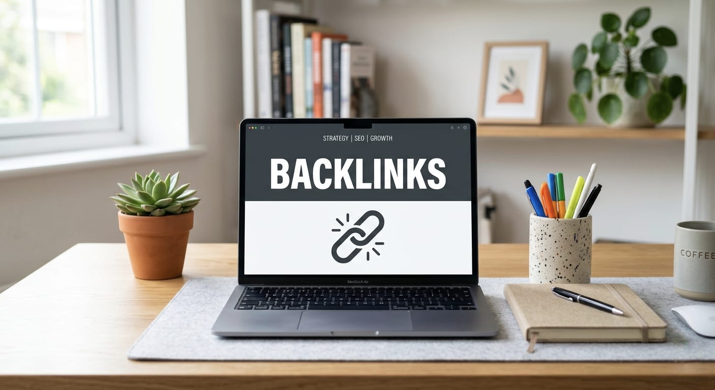 Laptop displaying backlinks strategy for IT staff augmentation company on a modern office desk