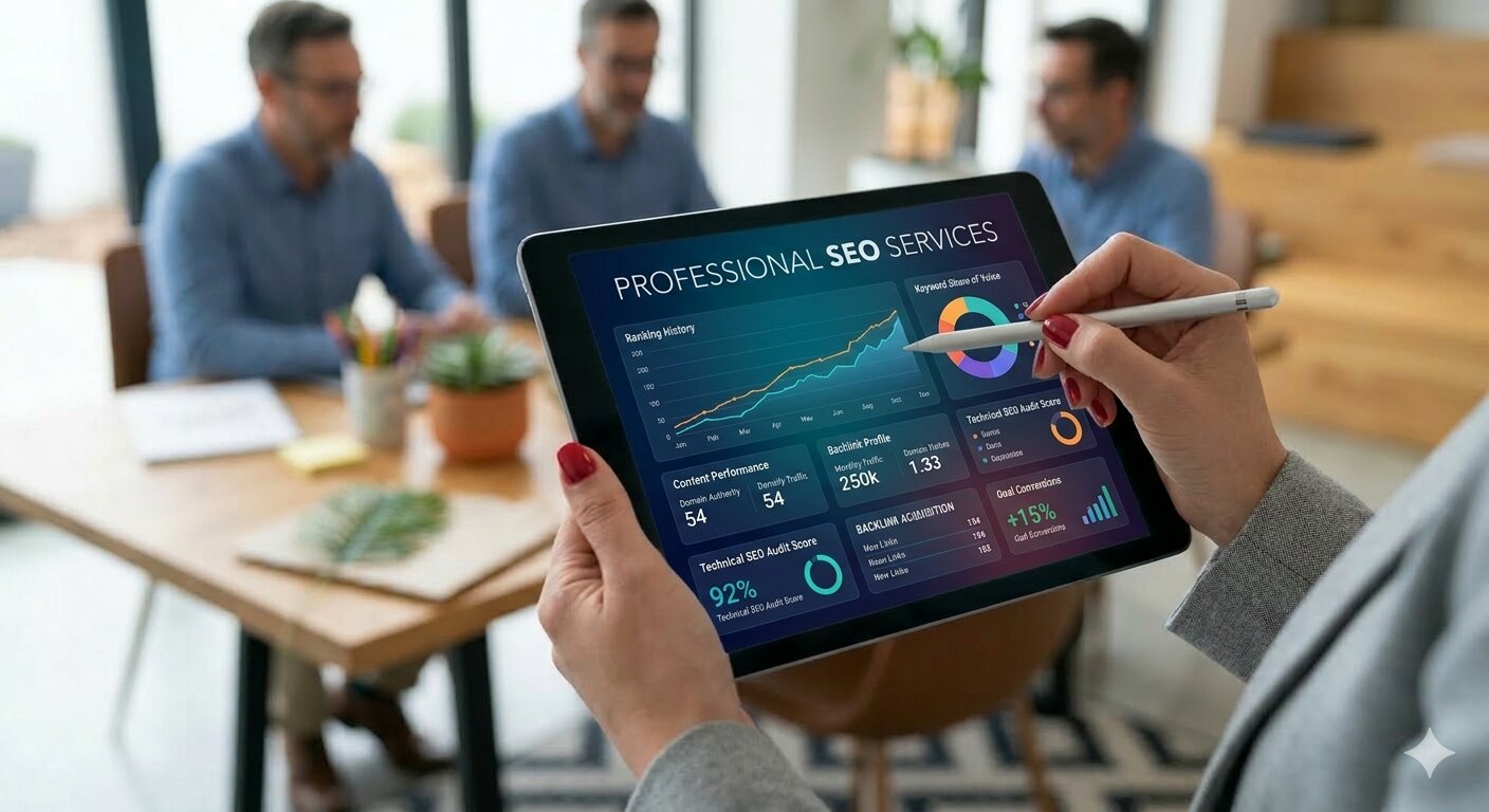 SEO expert in Kochi analyzing website performance data on a tablet with charts and keyword metrics