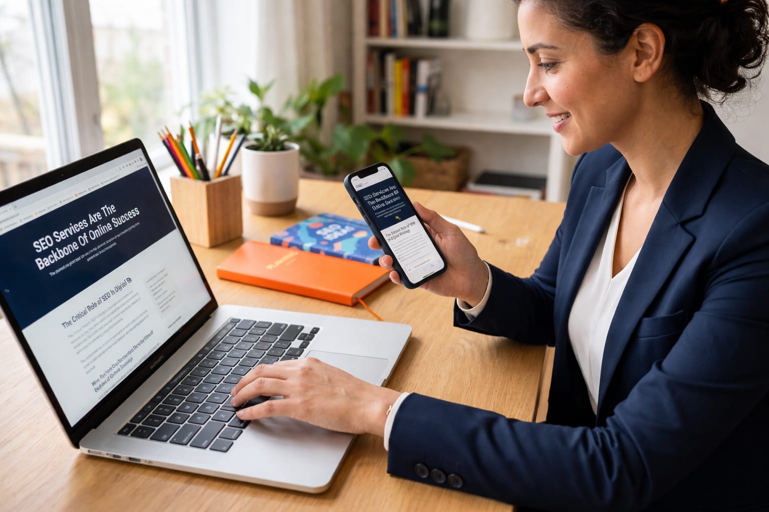 A professional woman  is reviewing SEO website analytics on a laptop and mobile for the Kochi digital agency