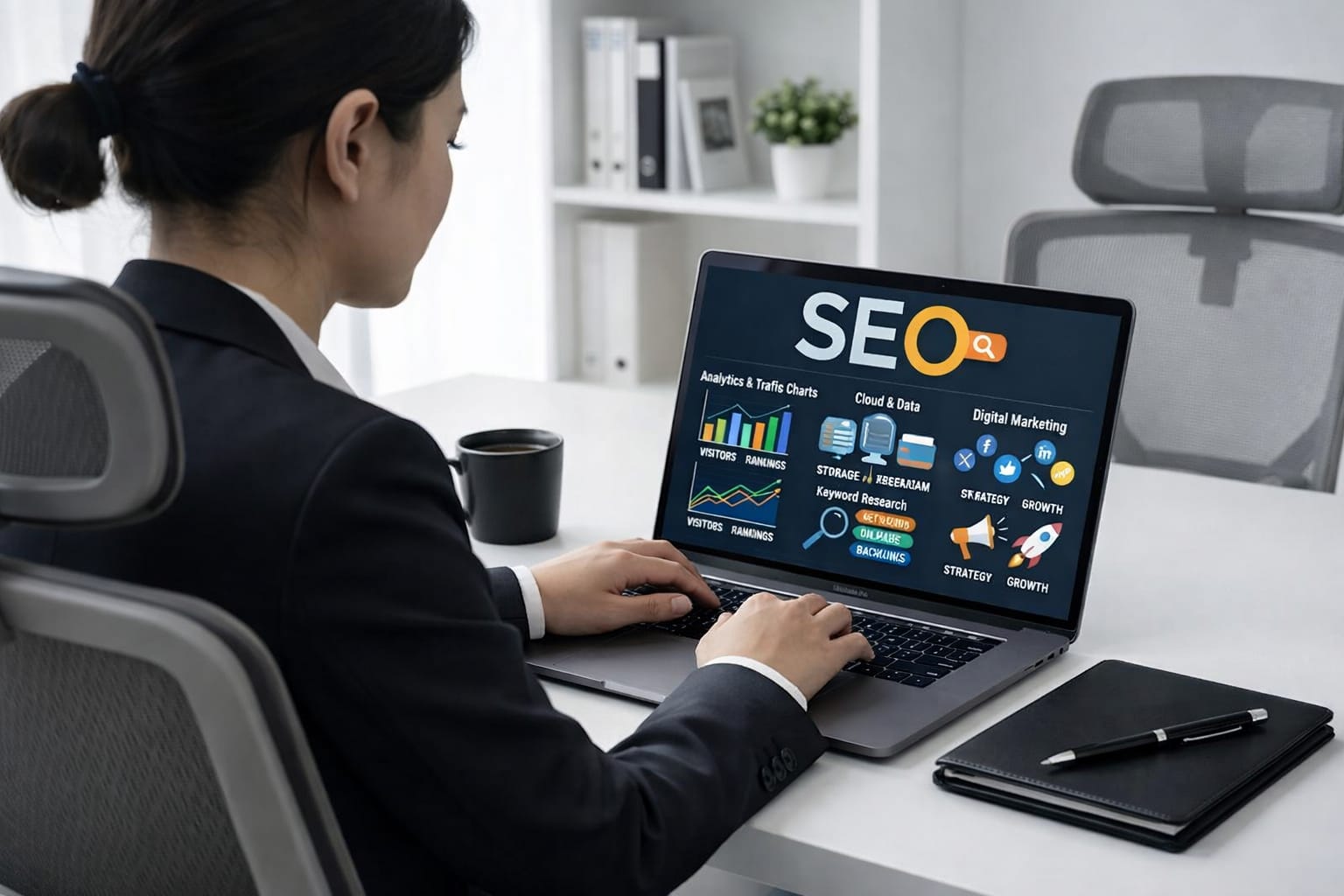Professional working on SEO strategy — Analytics, keyword research and digital marketing displayed on laptop screen, representing the best SEO company in Kochi