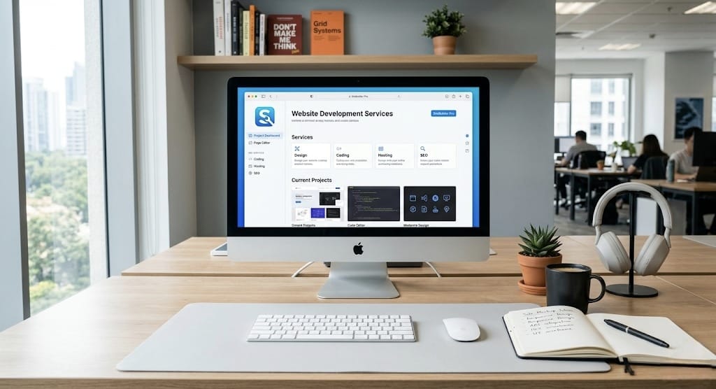 Modern workspace of a web application development company in Kochi with desktop, code interface, and office setup.