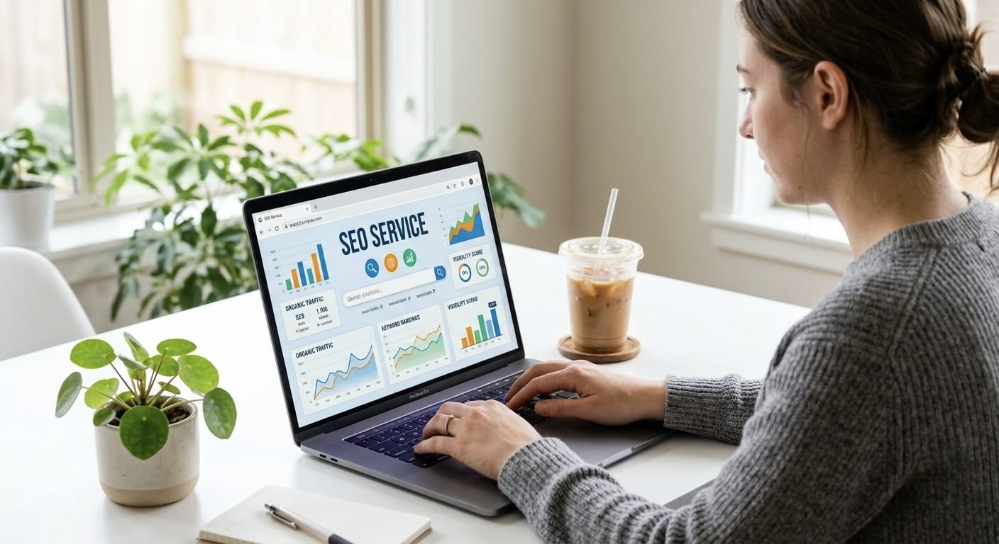 SEO expert in Kochi analyzing organic traffic and keyword rankings on laptop dashboard