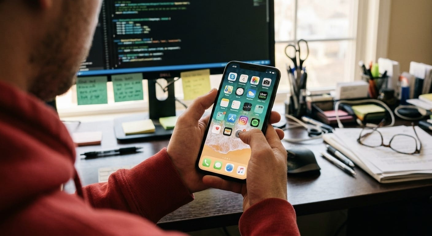 Developer holding an iPhone X with app grid open while coding a mobile application at a desk