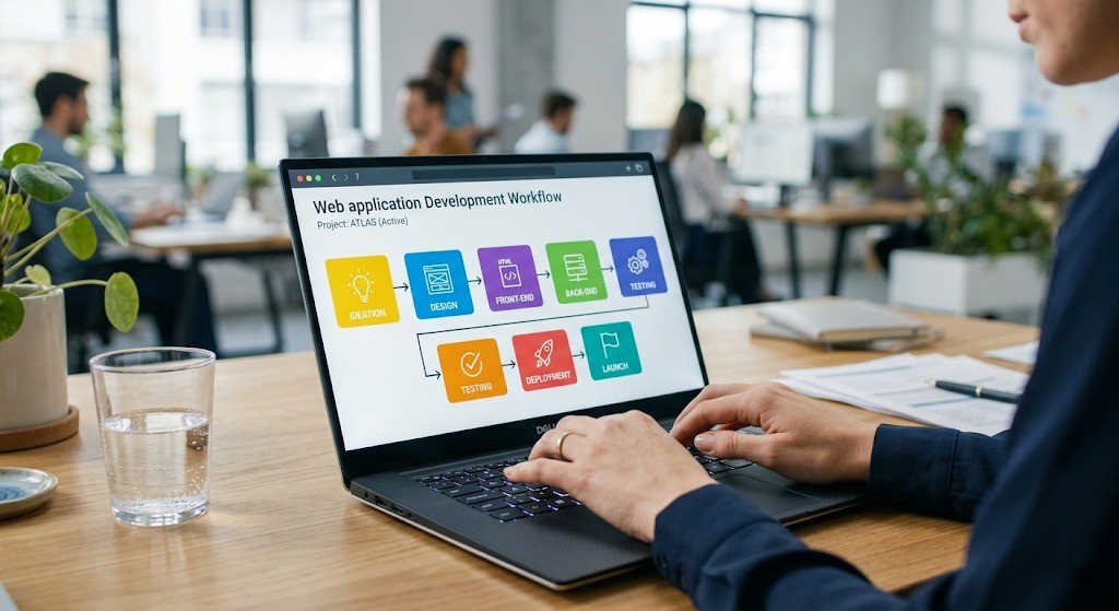 Mobile app development company in Kochi displaying full-cycle project workflow, iOS, Android, UI/UX, QA, and deployment stages on screen