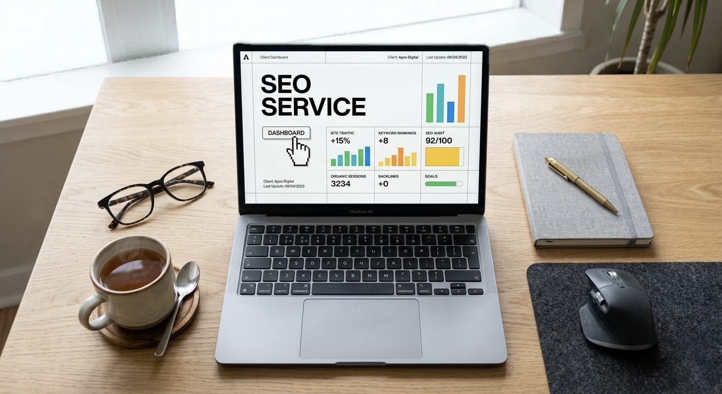 Laptop displaying SEO service dashboard with analytics data, charts, and keyword rankings by an SEO agency in India
