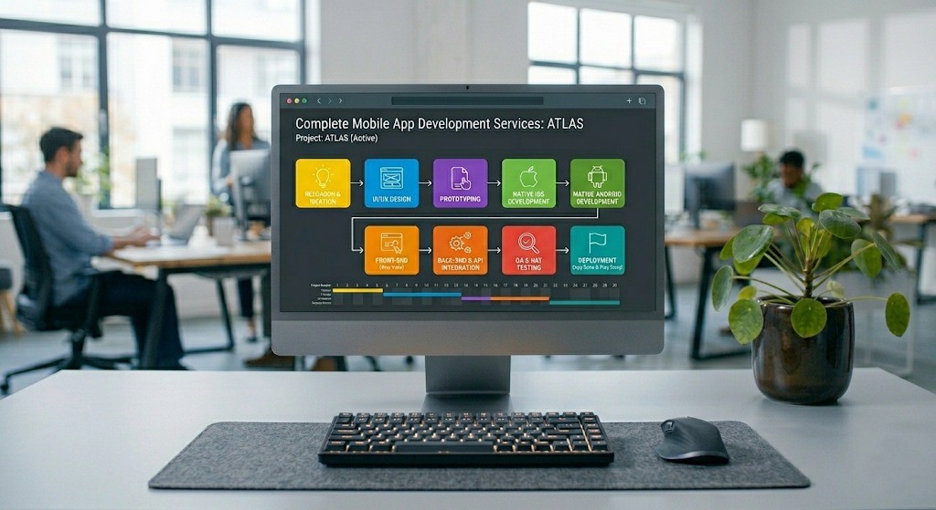Mobile app development workflow screen showing ATLAS project stages — iOS, Android, UI/UX, QA, and deployment by a Kochi-based app company