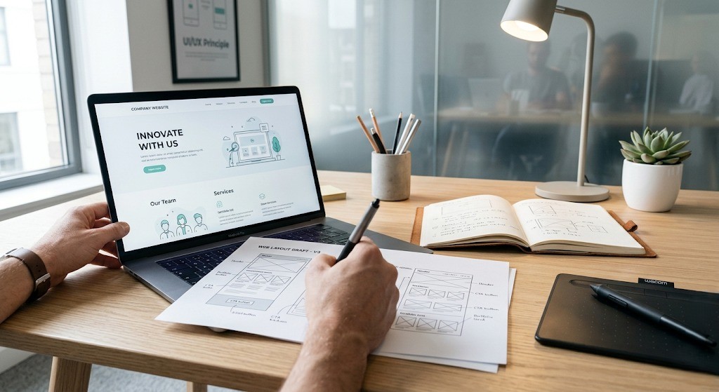 Creative web designer workspace showing responsive website design on iMac monitor in Kochi