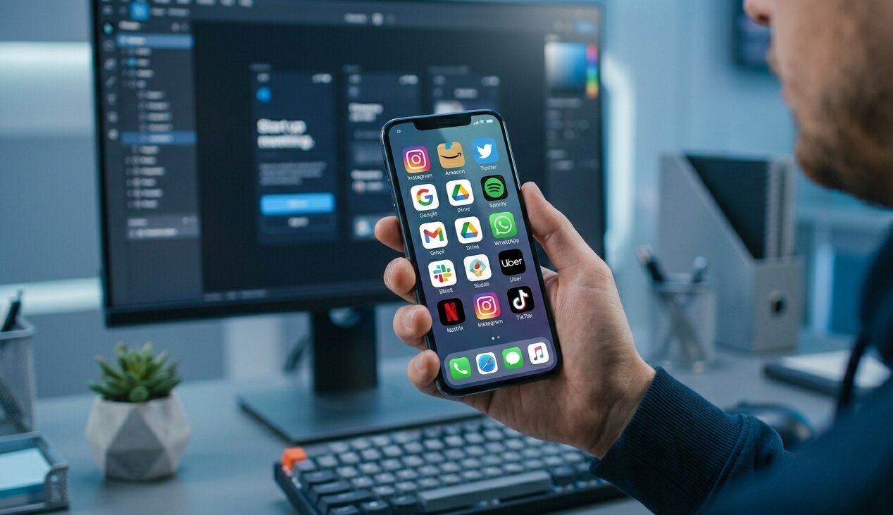 Person using smartphone with multiple app interfaces, showcasing mobile app development services in Kochi