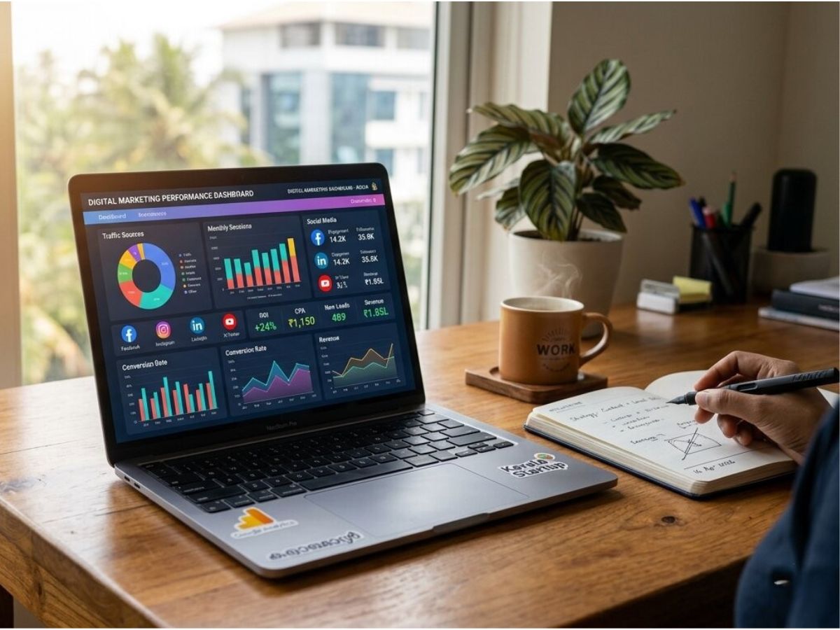 Digital marketing performance dashboard showing ROI, leads, and social media analytics  best digital marketing company in Kerala