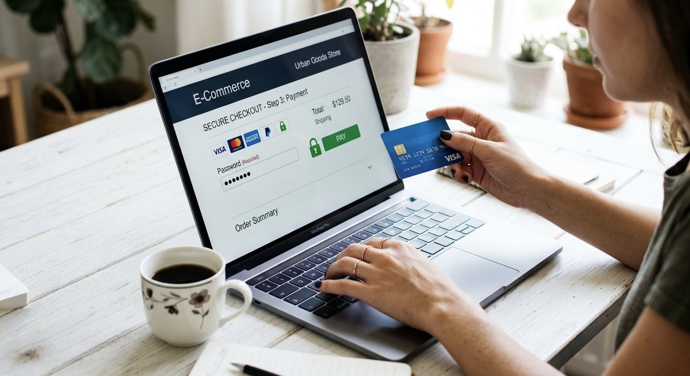 Woman completing secure online payment on an e-commerce website built by a Kochi development agency