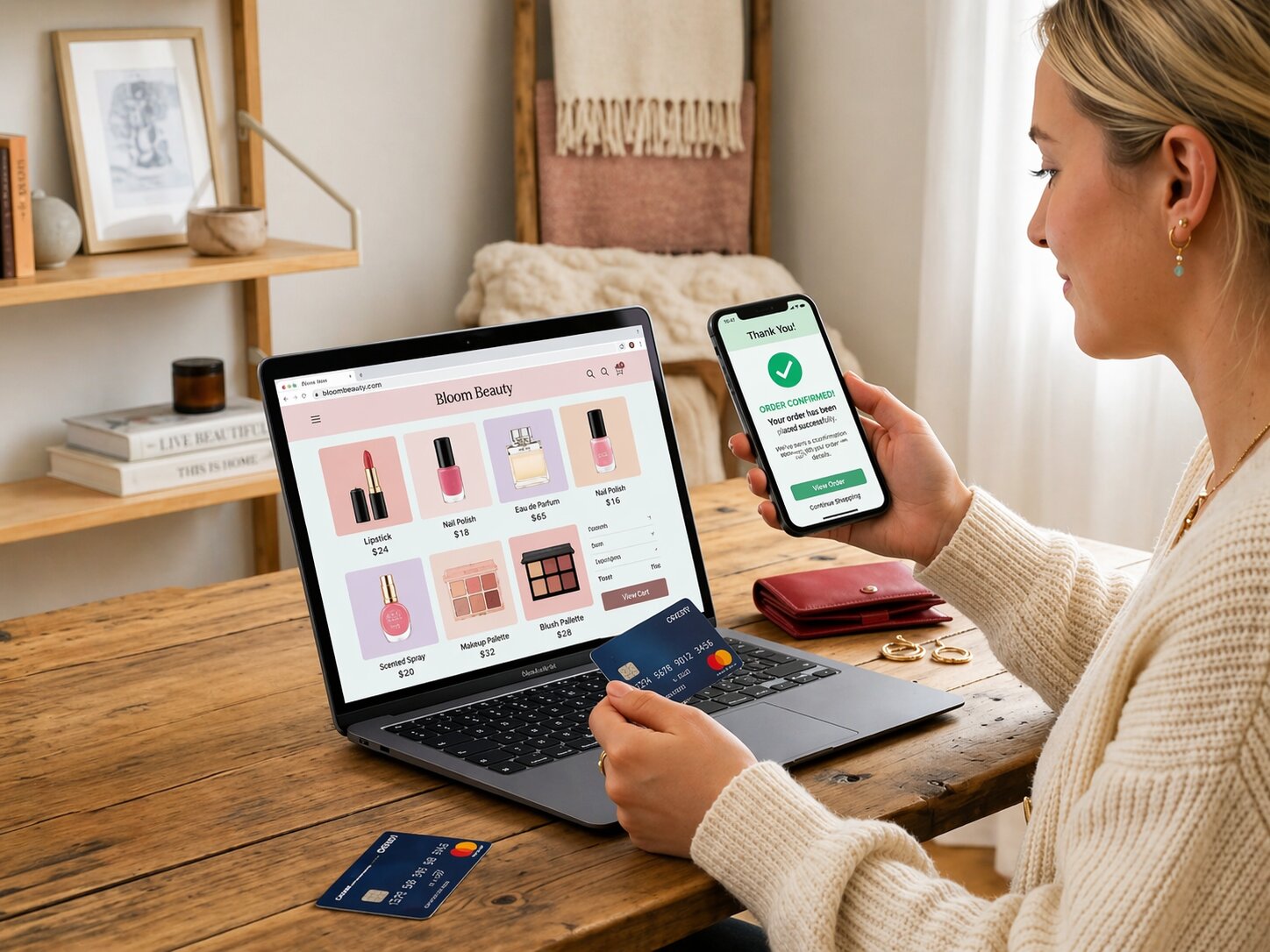 Woman shopping on Shopify ecommerce website in Kochi using laptop and mobile with secure online payment confirmation