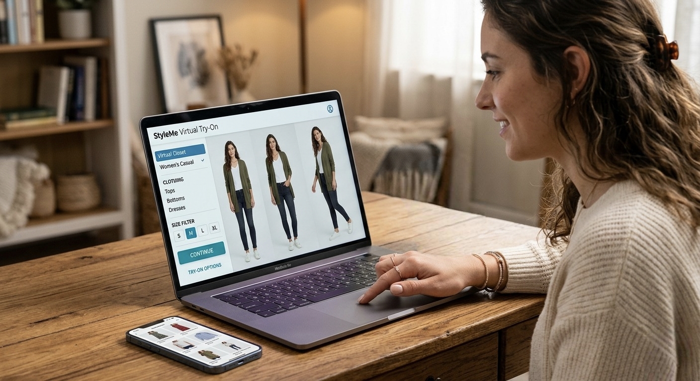 Woman using Magento ecommerce website in Kochi to try outfits online with virtual fitting feature on laptop