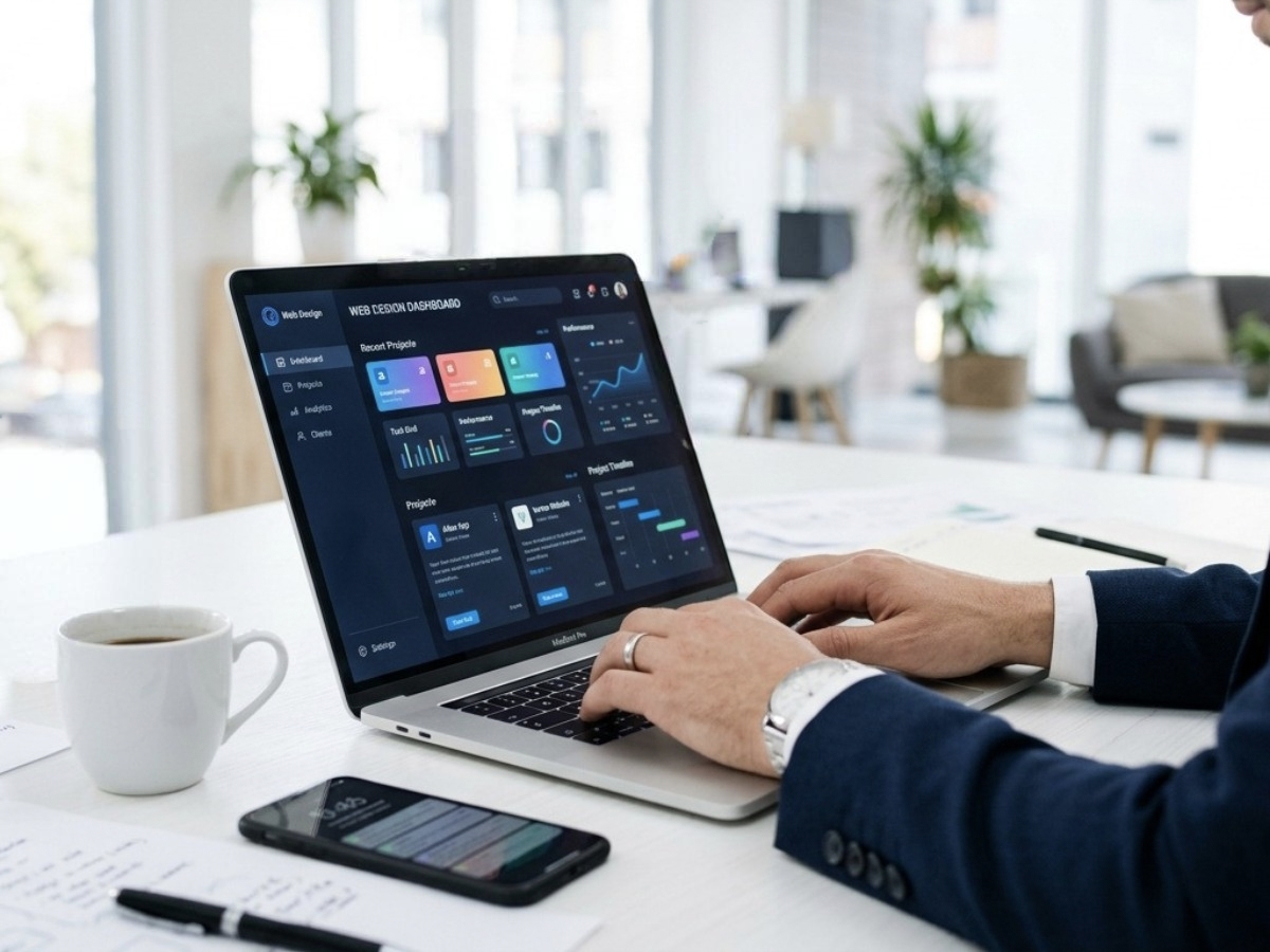 Web designer in Kerala reviewing a professional web design dashboard on a MacBook Pro