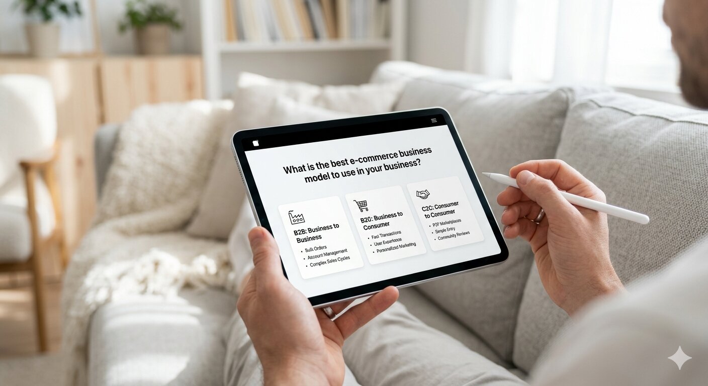 Tablet screen showing B2B, B2C, and C2C e-commerce business models for online business strategy