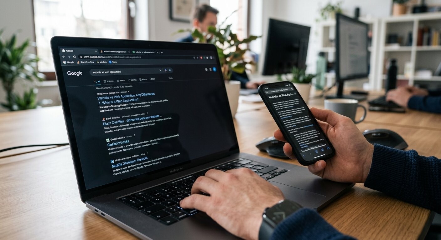 Developer researching web application development in Kerala using laptop and mobile in a modern office