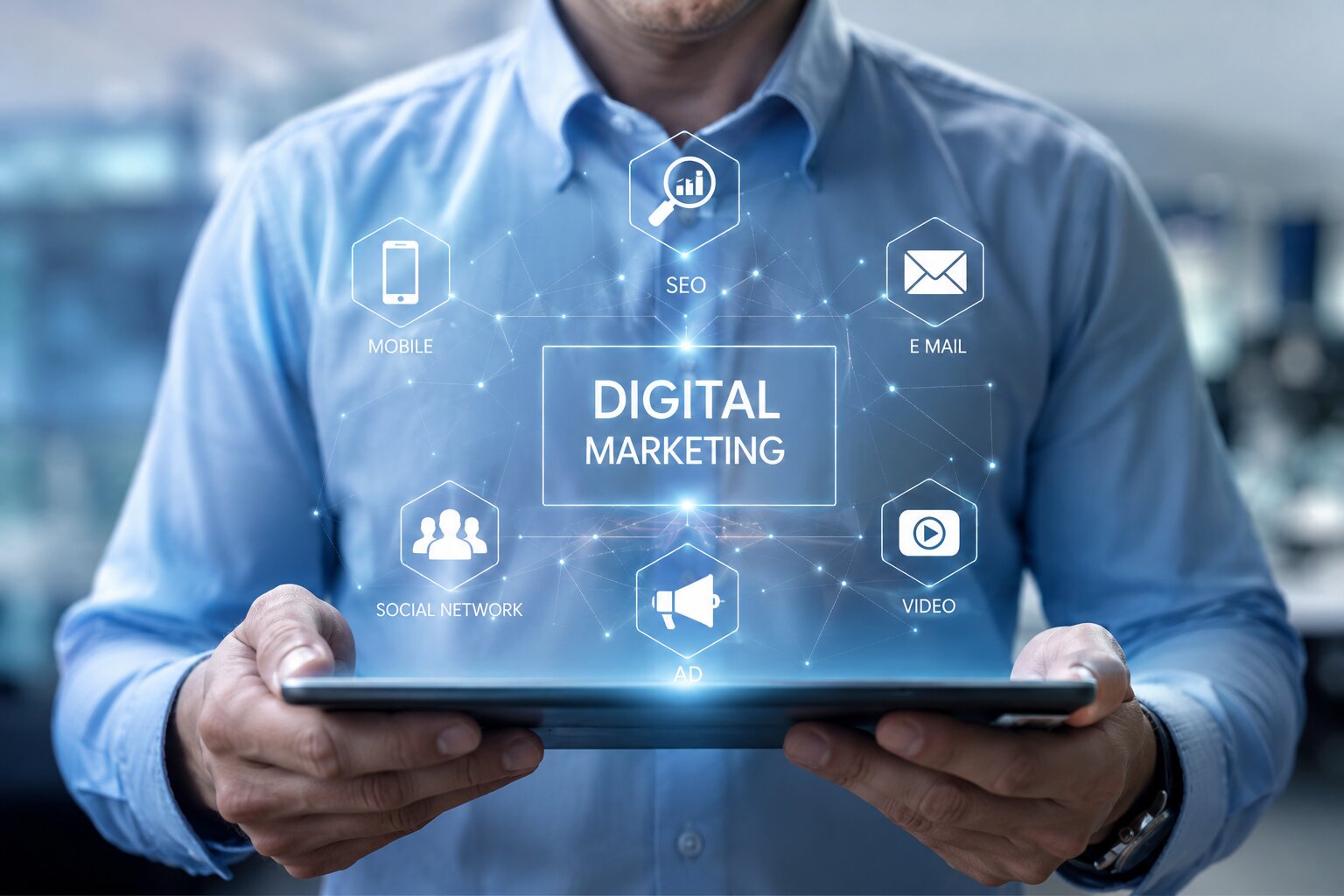 A professional using a tablet with digital marketing icons for business growth in Kerala