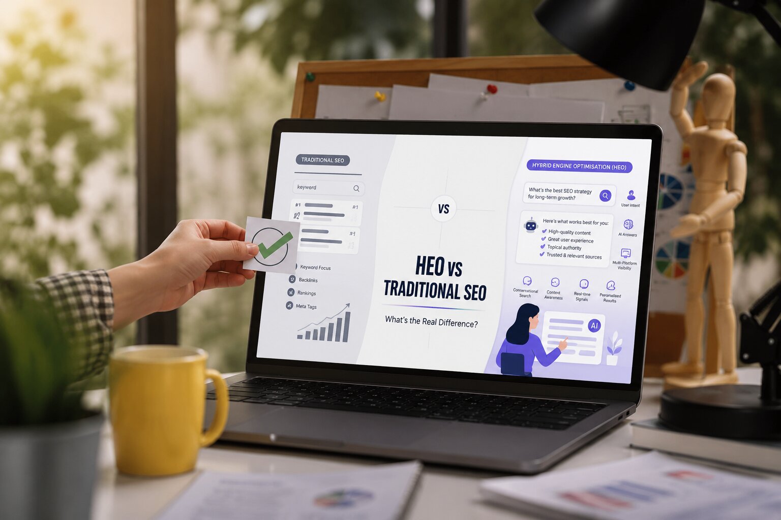 Laptop screen showing HEO vs Traditional SEO comparison with digital marketing analytics and AI-powered search optimization concepts.
