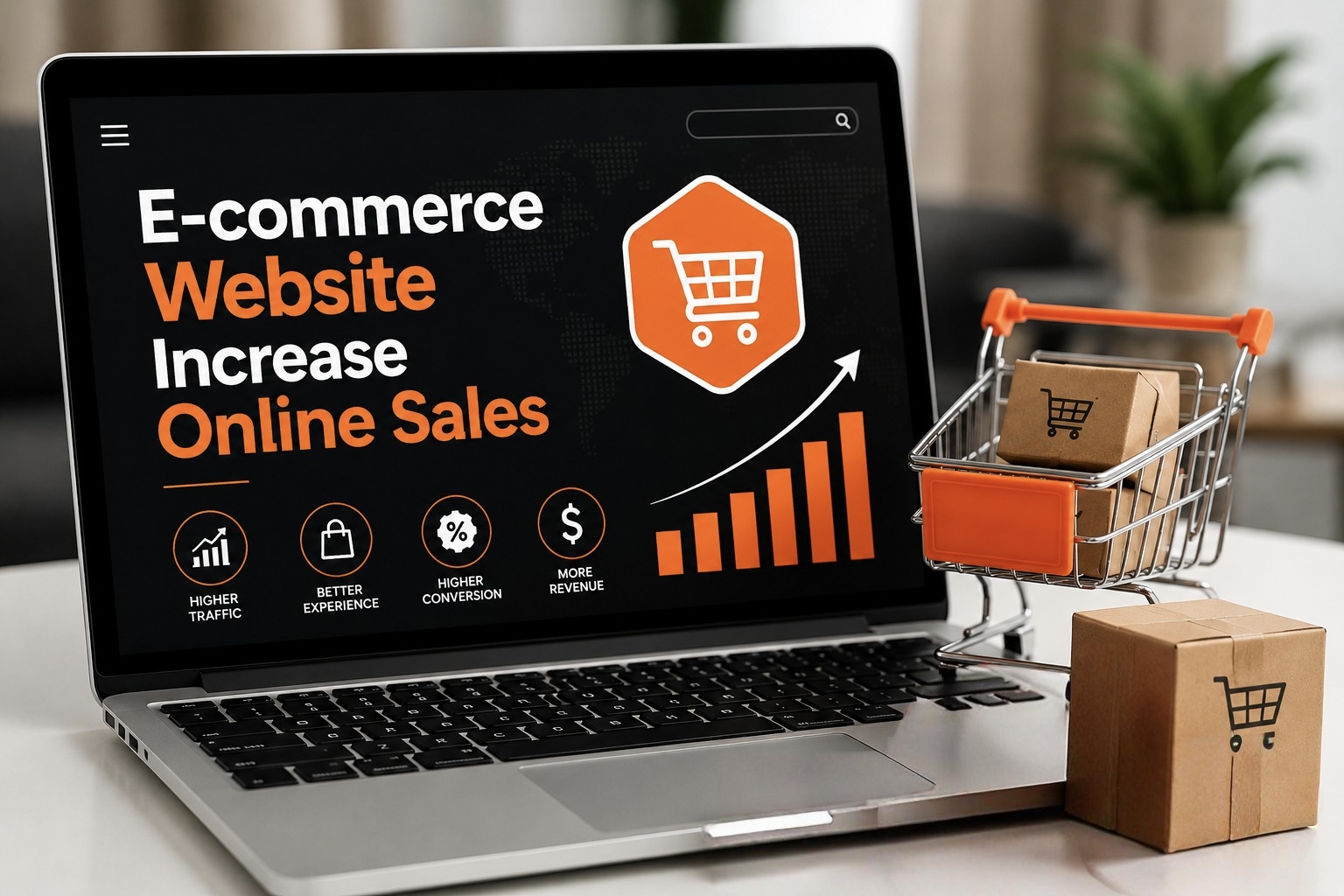 E-commerce website development in Kochi showing a laptop with an online sales growth chart, a shopping cart, and delivery packages