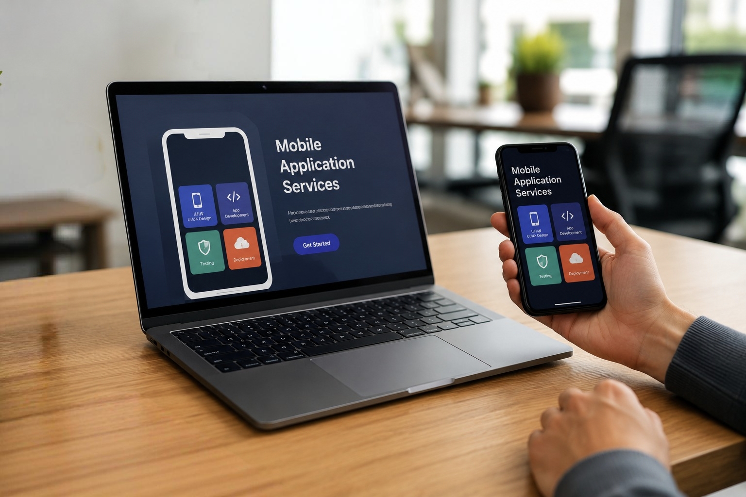 Professional mobile app development workspace in India showing laptop and smartphone app interface in an office environment