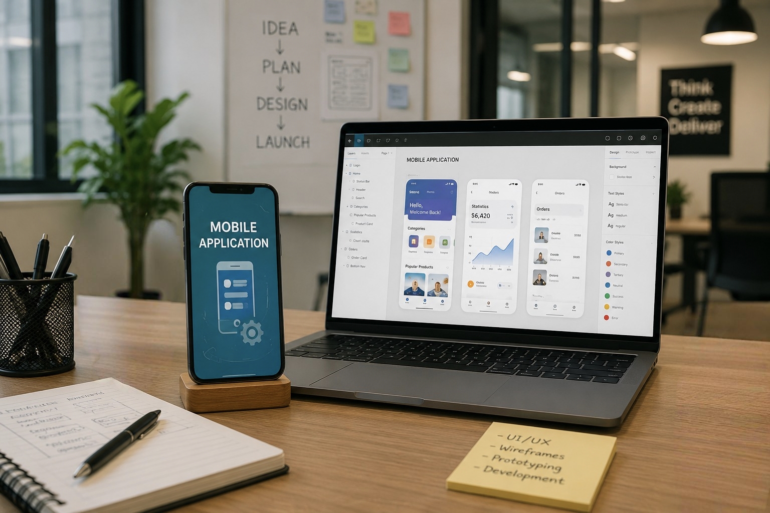 App developers in Kerala are creating a mobile application interface on a laptop and smartphone in a modern office