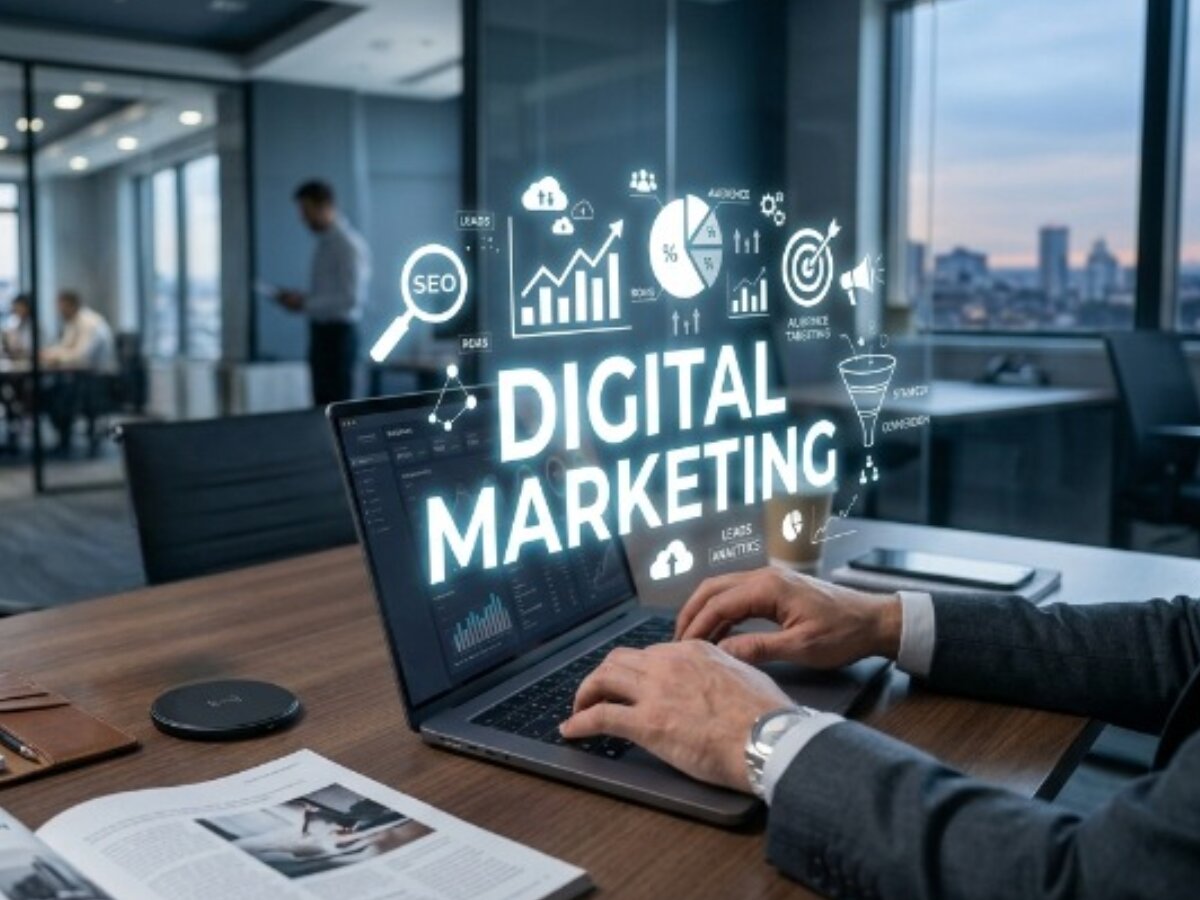 Digital marketing concept showing a professional working on a laptop with glowing SEO, analytics, lead generation, and online marketing icons in a modern office environment