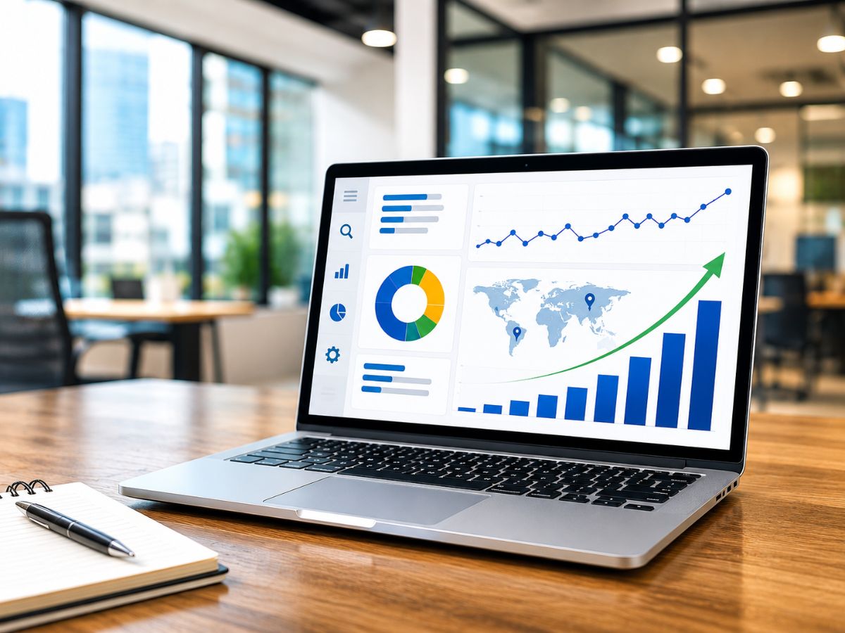 SEO and digital marketing dashboard on a laptop screen showing website traffic, ranking performance, analytics charts, and growth trends.